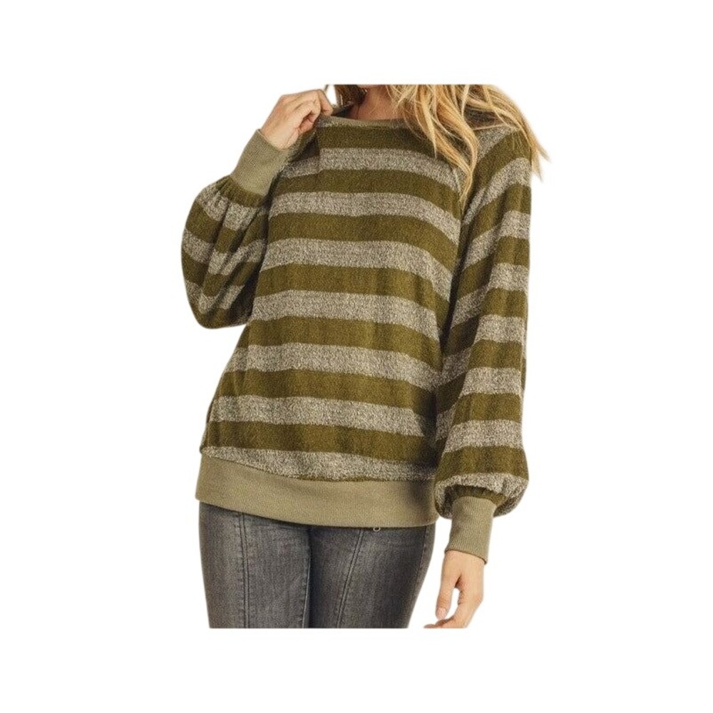 Doe & Rae Striped Sweater Women Large Olive Green Fuzzy Raglan Long Sleeve